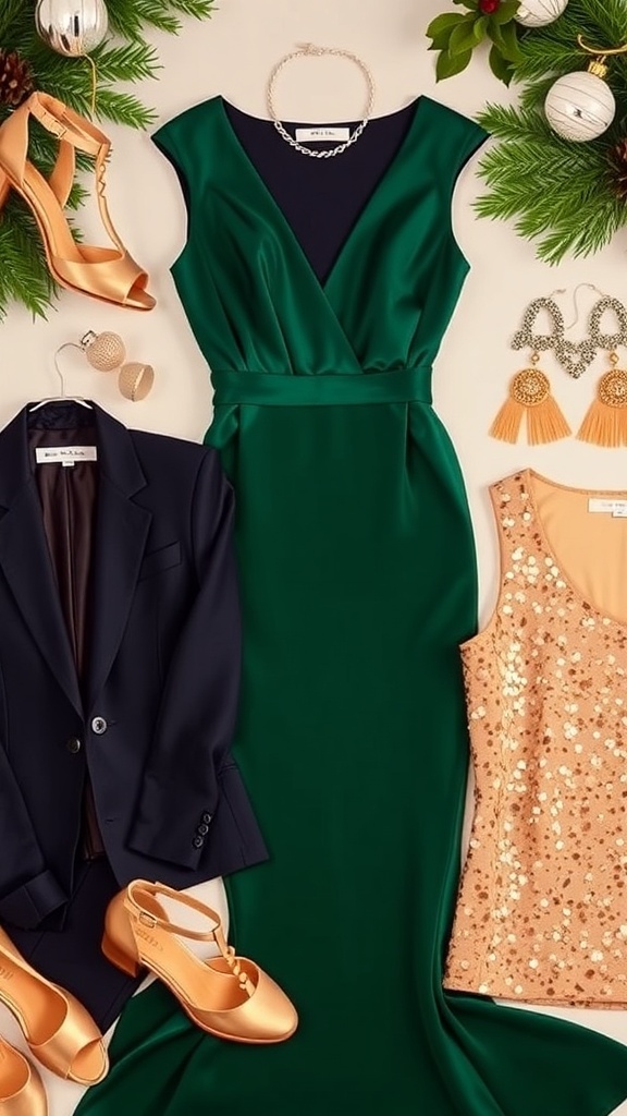 Flat lay of elegant Christmas outfits in emerald green, navy blue, and champagne colors with gold accessories.